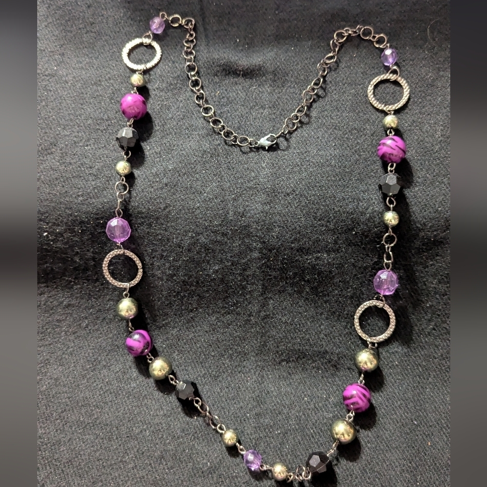 Silver Tone Black And Purple Beaded Statement Necklace